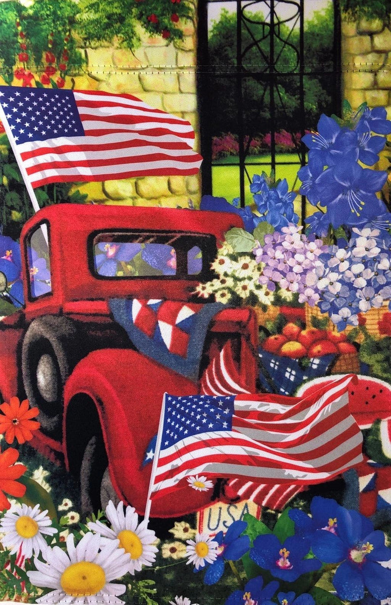 Gartenflagge „Happy Spring“ – Vintage-Red-Truck Mit Blumen, 30,5 X 45,7 Cm, Doppelseitig, Wetterfest