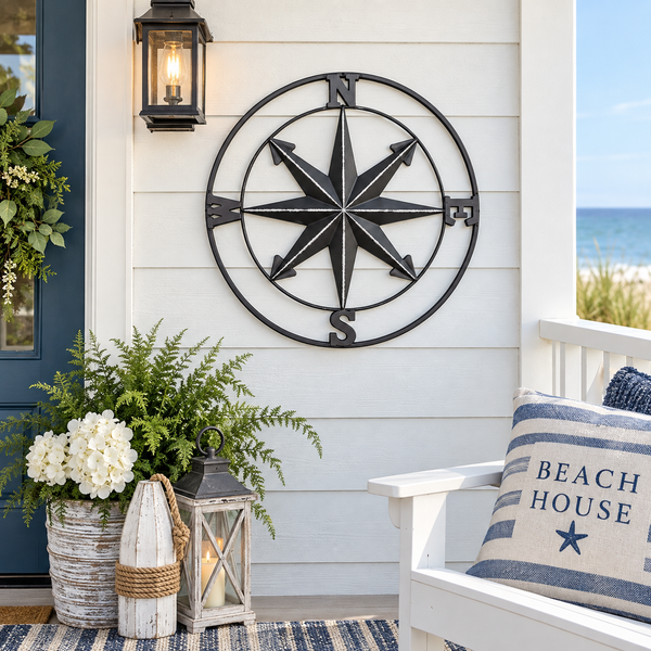 16” Metal Compass Wall Decor | Black Nautical Compass | Coastal Beach House Wall Art | Indoor or Outdoor Decor