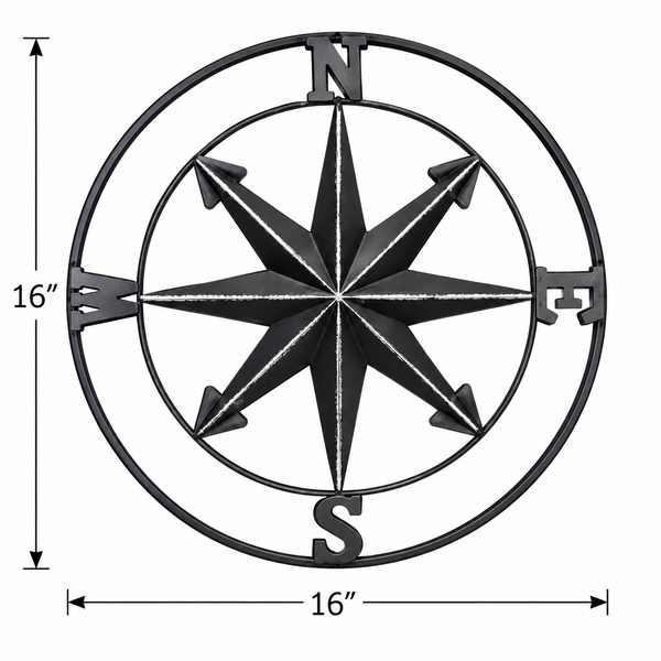 16” Metal Compass Wall Decor | Black Nautical Compass | Coastal Beach House Wall Art | Indoor or Outdoor Decor