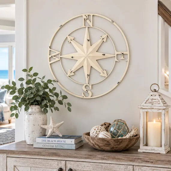 Coastal Compass Wall Decor | 20” White Metal Compass | Nautical Beach House Wall Art | Distressed Coastal Decor (Copy)