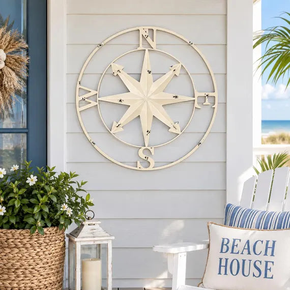 Coastal Compass Wall Decor | 20” White Metal Compass | Nautical Beach House Wall Art | Distressed Coastal Decor (Copy)