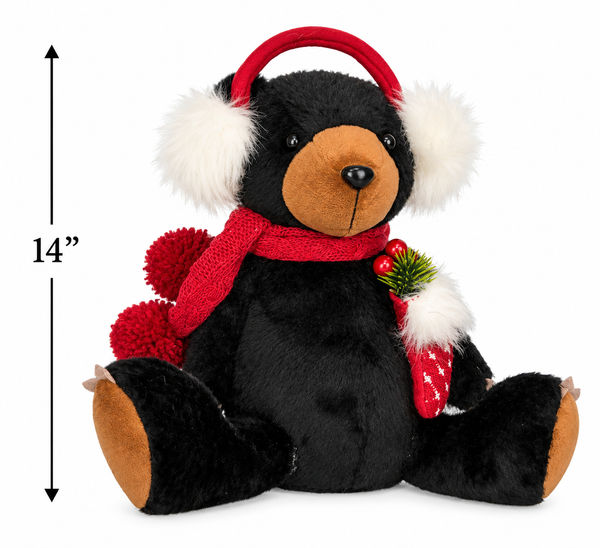 Christmas Black Bear Plush with Santa Hat | 14 Inch Sitting Holiday Teddy Bear | Rustic Winter Decor | Christmas Shelf & Mantel Decoration