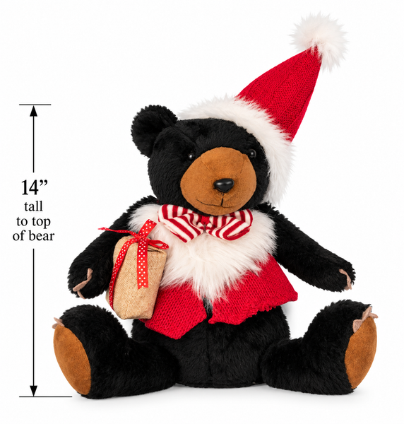 Christmas Black Bear Plush with Santa Hat | 14 Inch Sitting Holiday Teddy Bear | Rustic Winter Decor | Christmas Shelf & Mantel Decoration