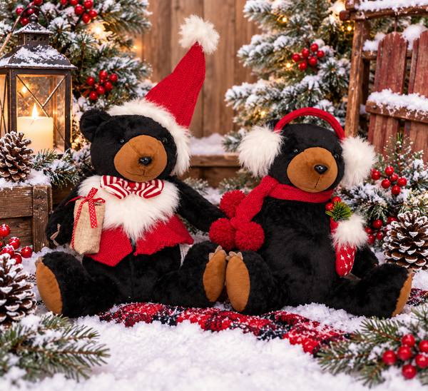 Christmas Black Bear Plush with Santa Hat | 14 Inch Sitting Holiday Teddy Bear | Rustic Winter Decor | Christmas Shelf & Mantel Decoration