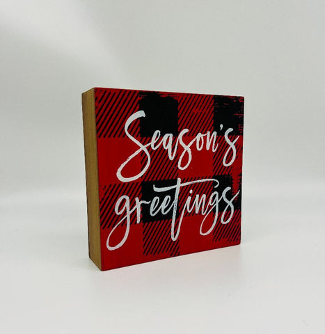 Seasons Greetings Buffalo Check Wood Block Sign 6"