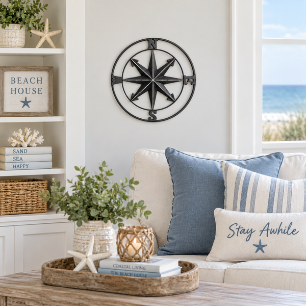 16” Metal Compass Wall Decor | Black Nautical Compass | Coastal Beach House Wall Art | Indoor or Outdoor Decor