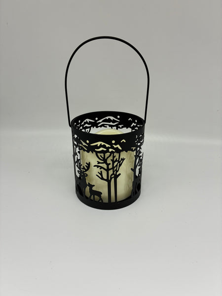 Lighted metal holiday lantern with timer