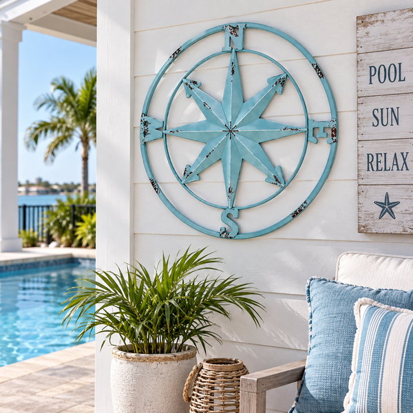 Coastal Compass Wall Decor | 20” Blue Metal Compass | Nautical Beach House Wall Art | Distressed Coastal Decor