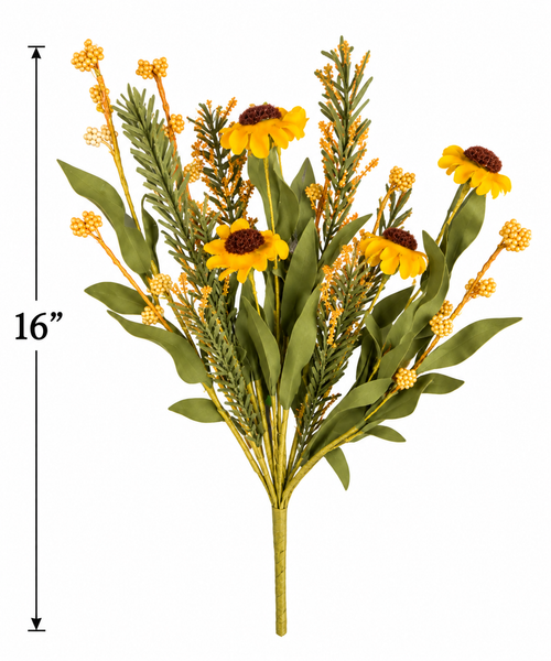 Fall Sunflower & Wildflower Bush | 16” Artificial Autumn Floral Pick | Yellow Flowers, Greenery & Orange Berries | Farmhouse Fall Decor