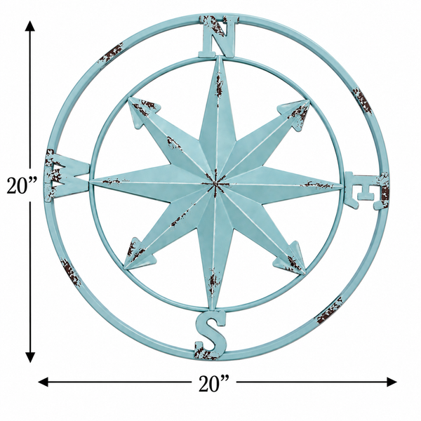 Coastal Compass Wall Decor | 20” Blue Metal Compass | Nautical Beach House Wall Art | Distressed Coastal Decor