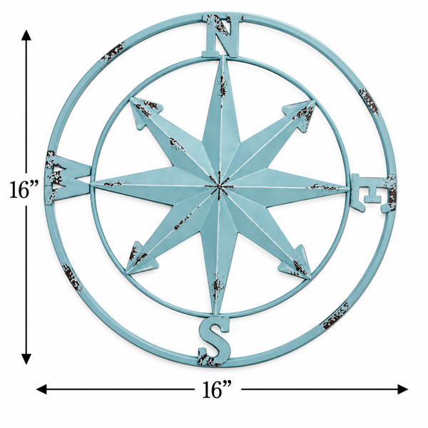 Coastal Compass Wall Decor | 16” Blue Metal Compass | Nautical Beach House Wall Art | Distressed Coastal Decor