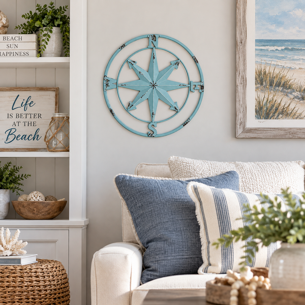 Coastal Compass Wall Decor | 16” Blue Metal Compass | Nautical Beach House Wall Art | Distressed Coastal Decor