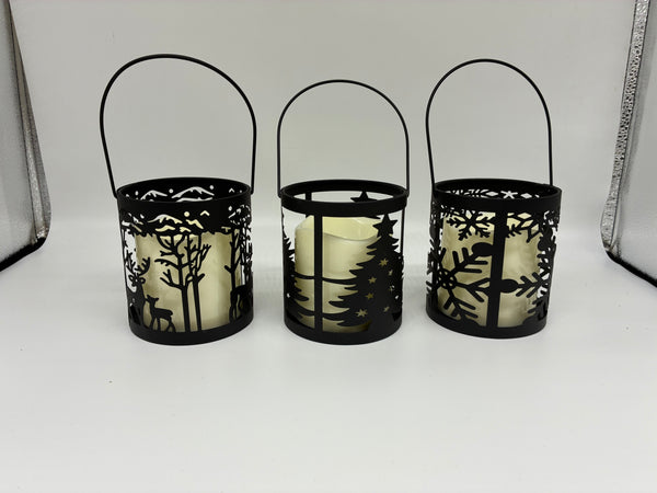 Lighted metal holiday lantern with timer