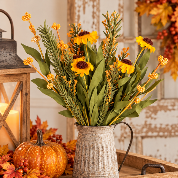 Fall Sunflower & Wildflower Bush | 16” Artificial Autumn Floral Pick | Yellow Flowers, Greenery & Orange Berries | Farmhouse Fall Decor