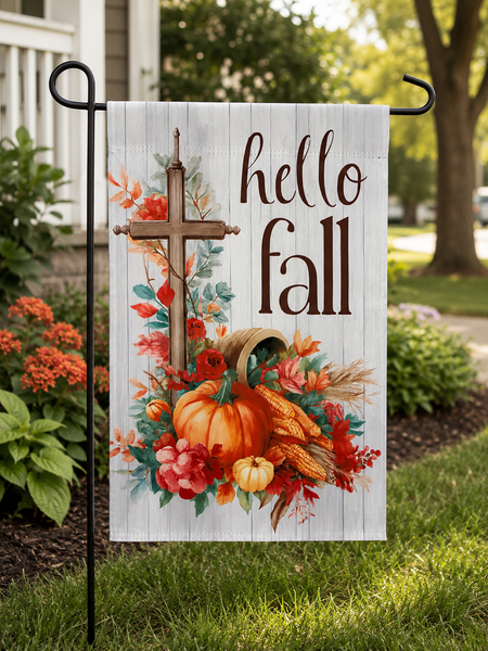 Hello Fall Garden Flag | Christian Fall Flag | Pumpkin & Cross Autumn Yard Flag