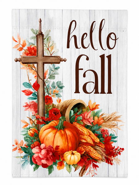 Hello Fall Garden Flag | Christian Fall Flag | Pumpkin & Cross Autumn Yard Flag