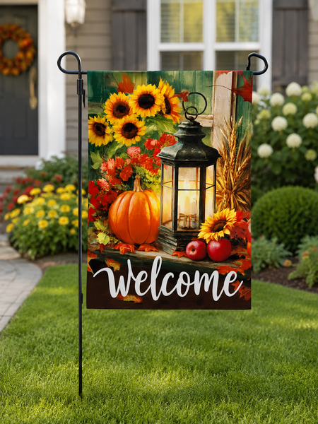 Rustic Fall Welcome Garden Flag | Pumpkin Lantern & Sunflowers | Double Sided Autumn Yard Flag