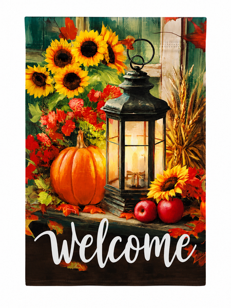 Rustic Fall Welcome Garden Flag | Pumpkin Lantern & Sunflowers | Double Sided Autumn Yard Flag