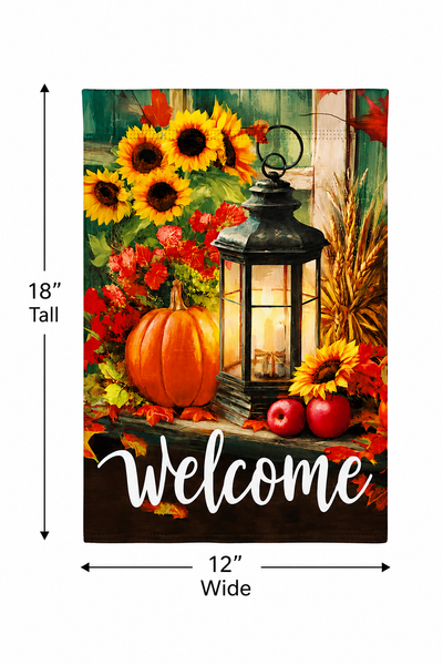 Rustic Fall Welcome Garden Flag | Pumpkin Lantern & Sunflowers | Double Sided Autumn Yard Flag