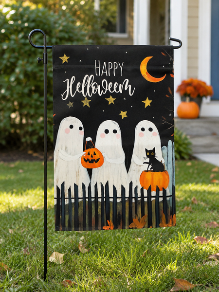 Happy Halloween Ghost Garden Flag | Double Sided Halloween Yard Flag | Black Cat & Pumpkin Outdoor Decor