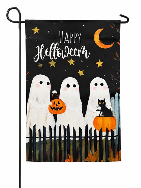 Happy Halloween Ghost Garden Flag | Double Sided Halloween Yard Flag | Black Cat & Pumpkin Outdoor Decor