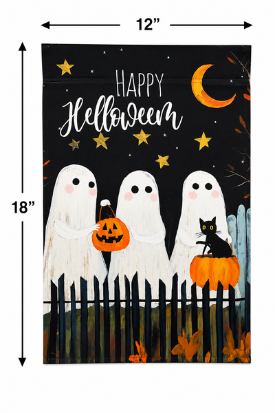Happy Halloween Ghost Garden Flag | Double Sided Halloween Yard Flag | Black Cat & Pumpkin Outdoor Decor