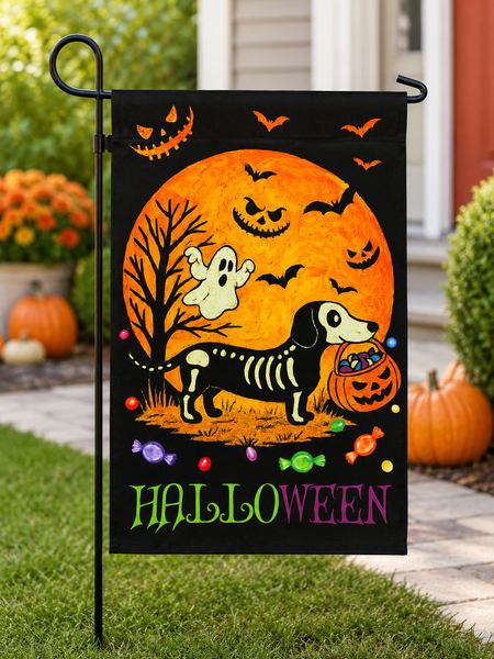 Halloween Skeleton Dachshund Garden Flag | Double-Sided Halloween Yard Flag | Trick or Treat Dog