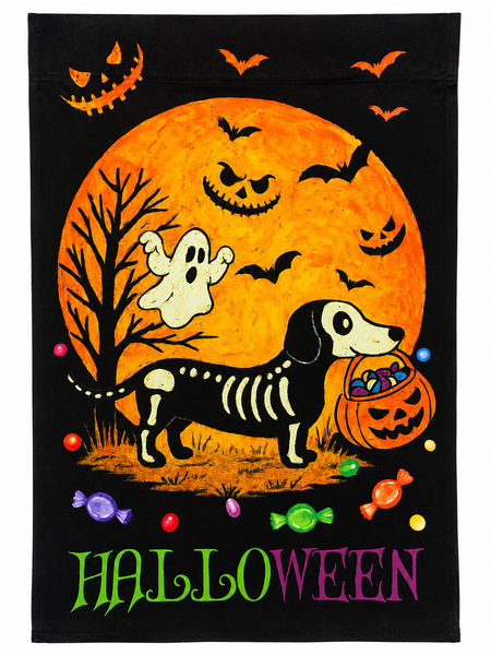 Halloween Skeleton Dachshund Garden Flag | Double-Sided Halloween Yard Flag | Trick or Treat Dog