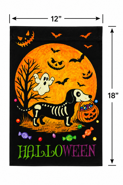 Halloween Skeleton Dachshund Garden Flag | Double-Sided Halloween Yard Flag | Trick or Treat Dog