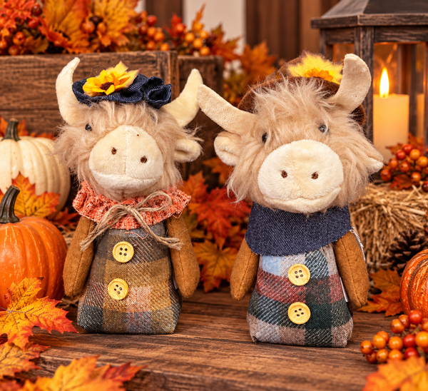 Fall Highland Cow Decor | 5 Inch Plush Highland Cow with Sunflower Hat | Rustic Farmhouse Autumn Decoration | Harvest Tiered Tray Deco