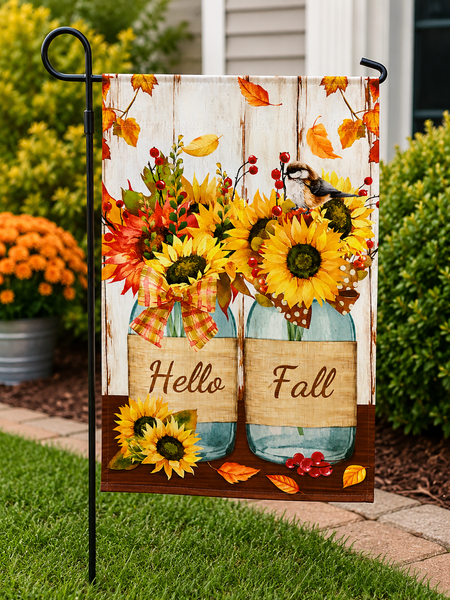 Hello Fall Sunflower Garden Flag | Mason Jar Autumn Floral Flag | Double-Sided Outdoor Yard Decor