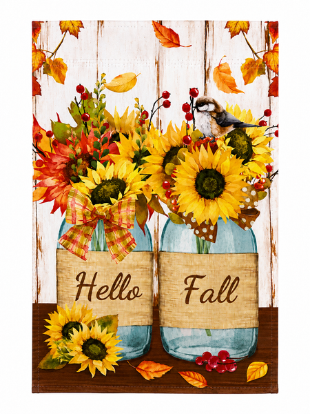 Hello Fall Sunflower Garden Flag | Mason Jar Autumn Floral Flag | Double-Sided Outdoor Yard Decor