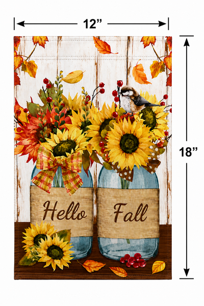 Hello Fall Sunflower Garden Flag | Mason Jar Autumn Floral Flag | Double-Sided Outdoor Yard Decor