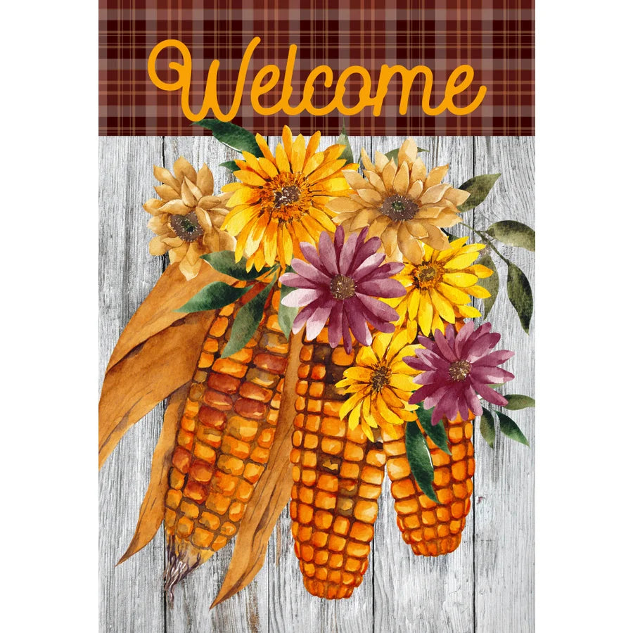 Welcome Fall Flowers Flag W/corn 12" x 18"