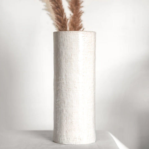 Vase Ceramic Textured White Check 13.4"
