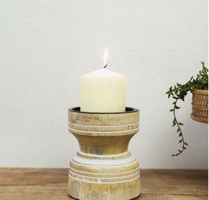 Wood Candle Holder 6" White Wash Wood