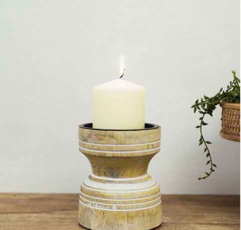 Wood Candle Holder 6" White Wash Wood