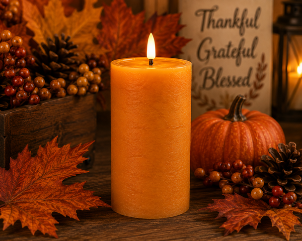 Orange Real Wax LED Flameless Pillar Candle with Timer | Fall Candle Decor 6" x 3"