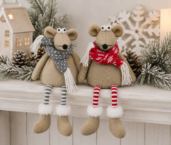 12" Plush Christmas Mouse with Dangling Legs | Winter Shelf Sitter | Holiday Mouse Decor