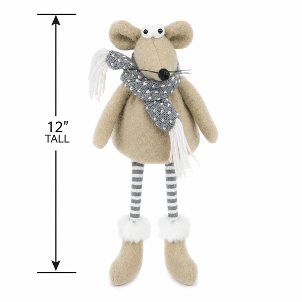 12" Plush Christmas Mouse with Dangling Legs | Winter Shelf Sitter | Holiday Mouse Decor