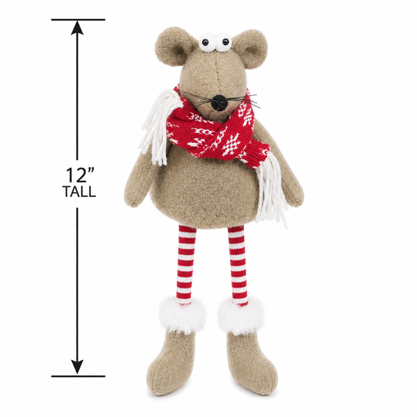 12" Plush Christmas Mouse with Dangling Legs | Winter Shelf Sitter | Holiday Mouse Decor
