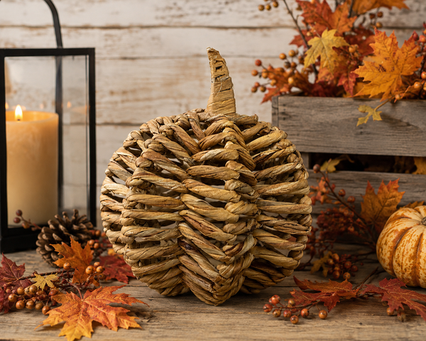 Natural Woven Pumpkin | 12” Rustic Fall Decor | Pumpkin Centerpiece
