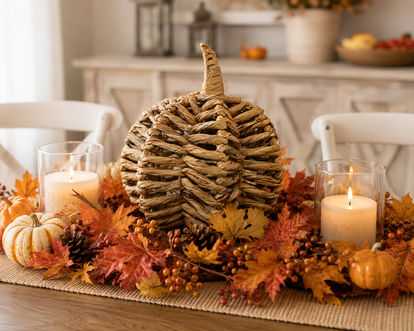Natural Woven Pumpkin | 12” Rustic Fall Decor | Pumpkin Centerpiece