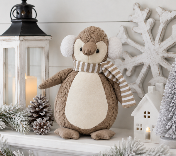 12" Neutral Plush Penguin with Earmuffs & Striped Scarf | Winter Christmas Decor