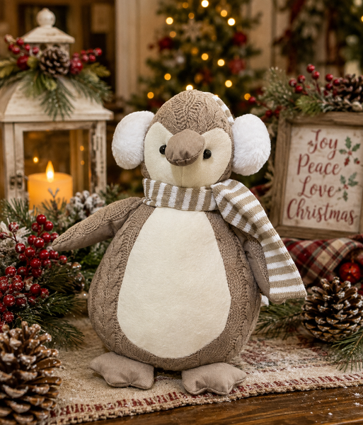 12" Neutral Plush Penguin with Earmuffs & Striped Scarf | Winter Christmas Decor