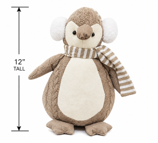 12" Neutral Plush Penguin with Earmuffs & Striped Scarf | Winter Christmas Decor