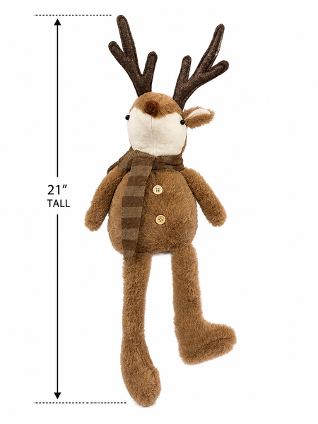 21” Plush Christmas Reindeer | Long Leg Sitting Deer | Rustic Winter Holiday Decor
