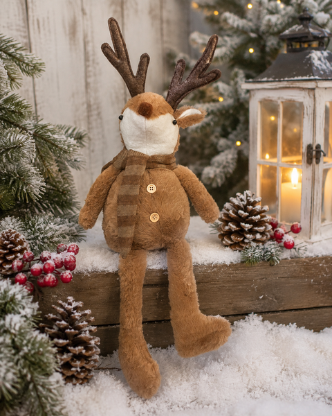 21” Plush Christmas Reindeer | Long Leg Sitting Deer | Rustic Winter Holiday Decor