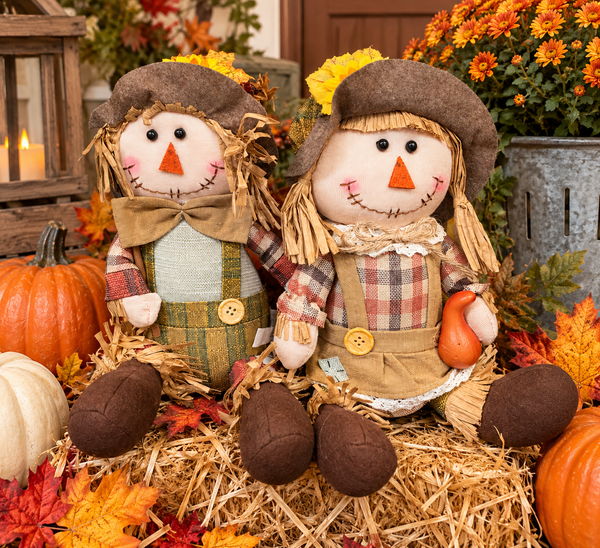 Fall Scarecrow Shelf Sitter Doll | Rustic Farmhouse Autumn Decor | Girl or boy Scarecrow with Pumpkin
