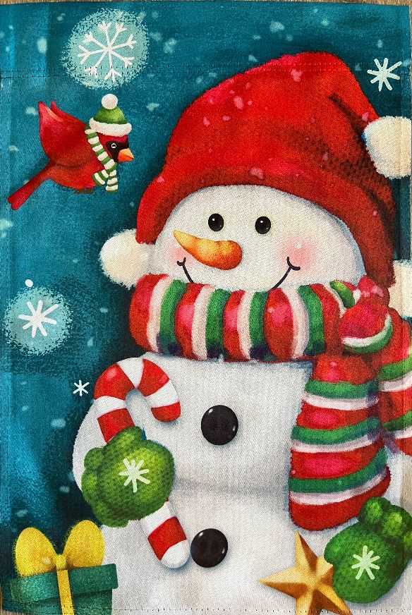 Snowman with cardinal and candy cane garden flag 12" x 18"